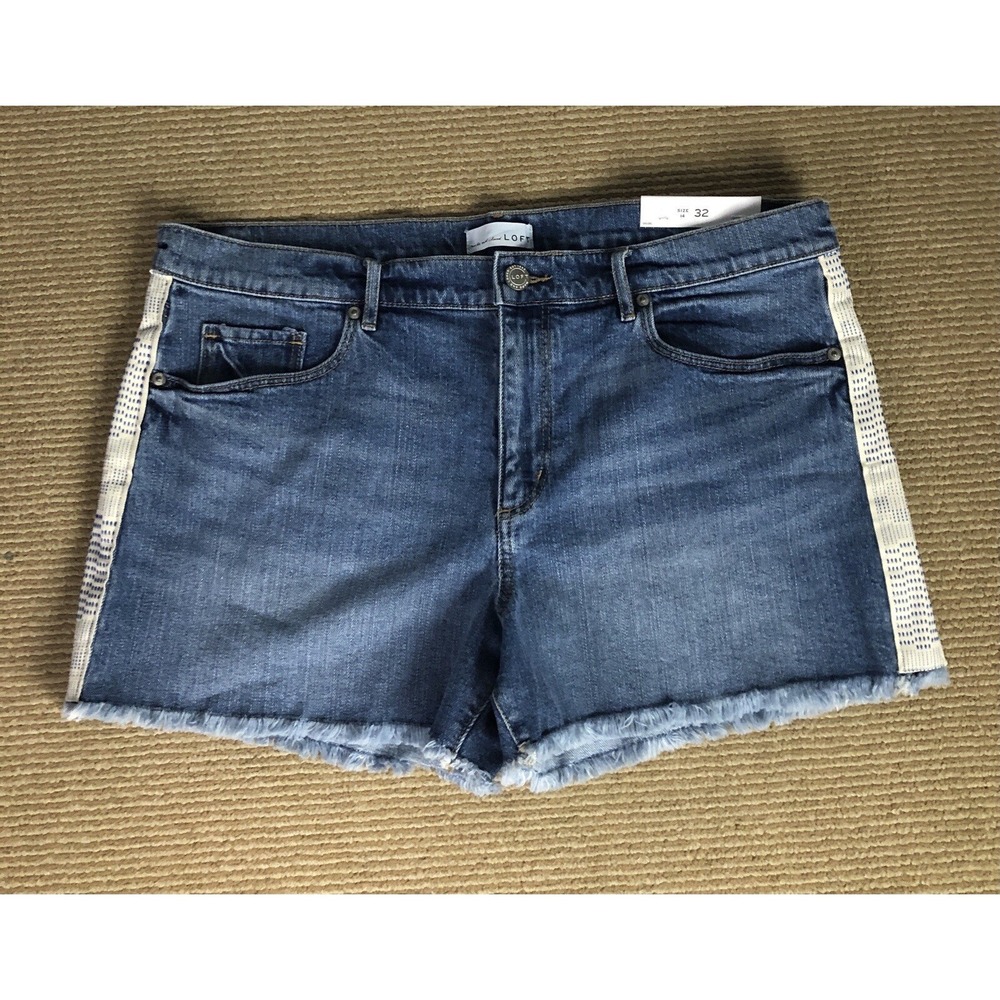 LOFT Made And Loved Jean Shorts Women's 14/32 Blue Frayed Side‎ Stripe Mid Rise